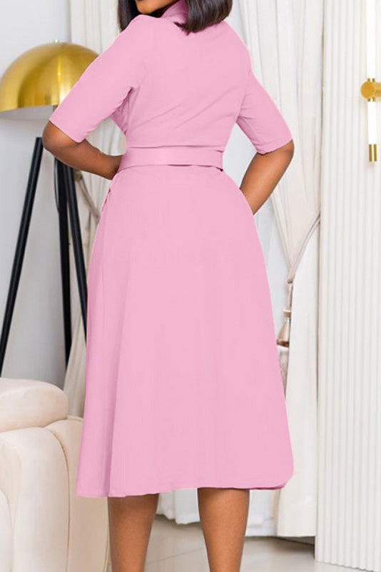 V-Neck Button Front Solid Color Midi Dress