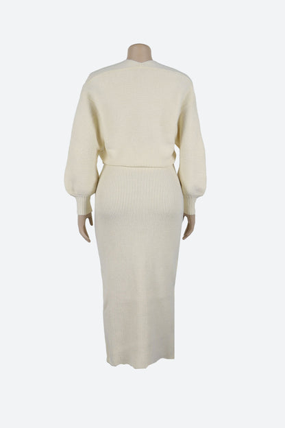 Lantern Sleeve Cardigan Midi Skirt Knit Set