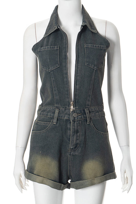 Sleeveless Denim Halter V Neck Backless Romper