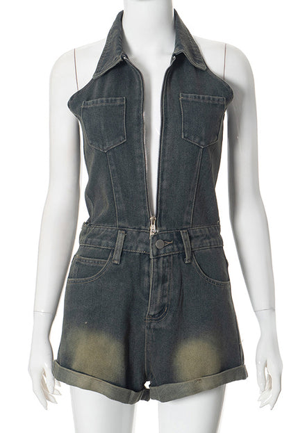 Sleeveless Denim Halter V Neck Backless Romper
