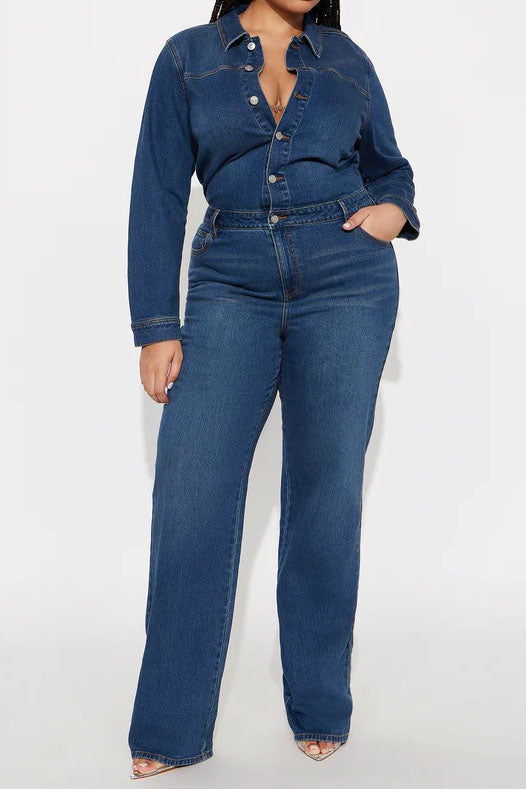 Stretch Flare Long Sleeve Denim Jumpsuit