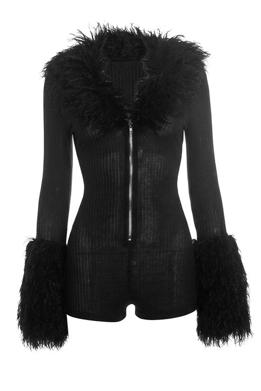 Plush-Trim Zip-Front Long-Sleeve Romper