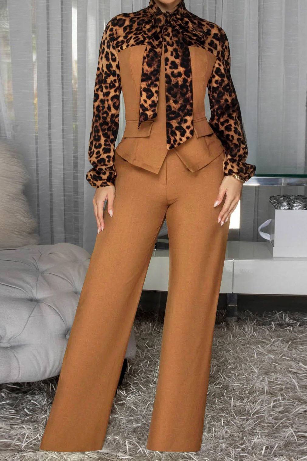 Leopard Print Tie-Neck Tailored Top & Wide Leg Pant Set