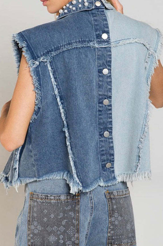 Two-Tone Pearl & Studded Distressed Denim Vest