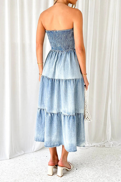Strapless Side Slit Layered Denim Dress
