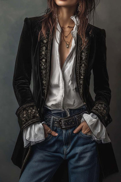 Velvet Embroidered Long Jacket