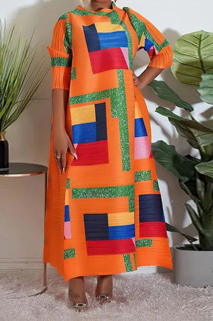 Abstract Print Pleated A Line Midi Dress