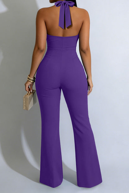 Halter Keyhole Button-Front Flared Jumpsuit