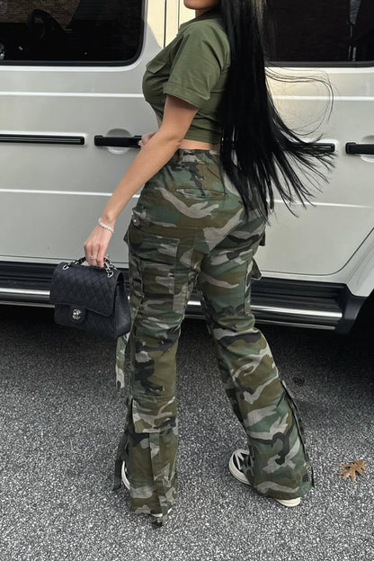 Camouflage Multi-Pocket Button Cargo Pants
