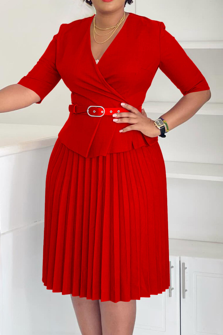 Elegant V-Neck Pleated Dress