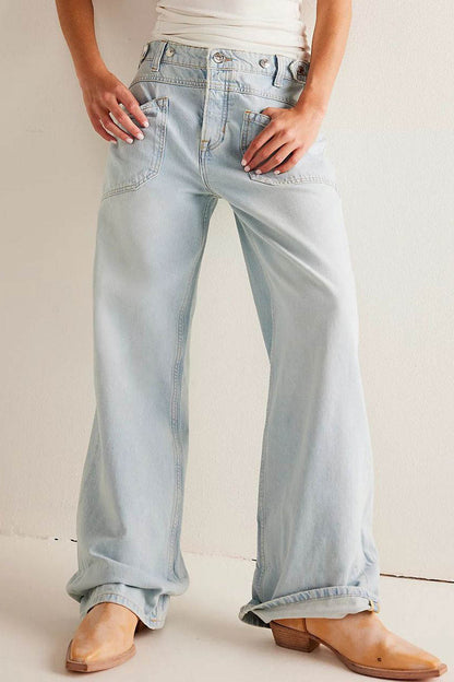 Washed Wide Leg Cuffed Jeans
