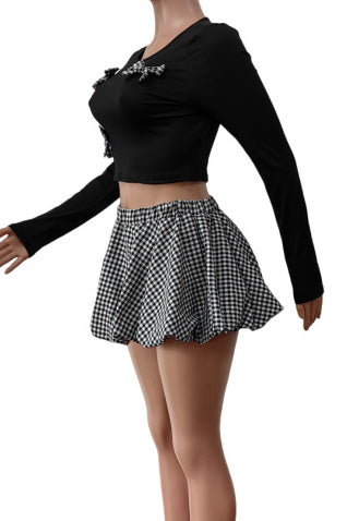 Plaid Patchwork O Neck Long Sleeve Set