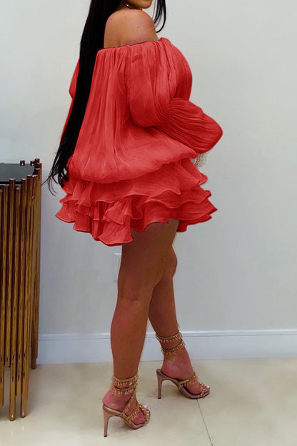 Plisse Off-Shoulder Tiered Mini Dress