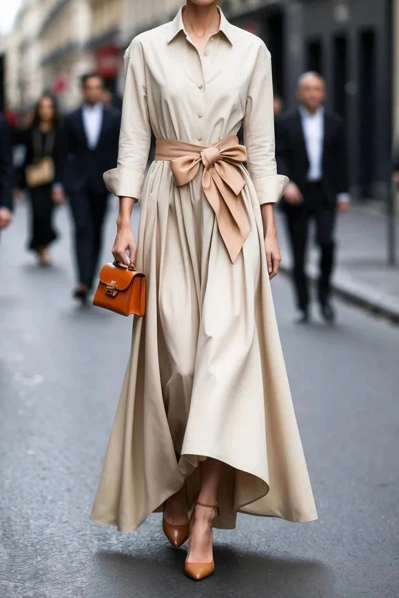 Button Up Bow Waist Long Sleeve Maxi Dress