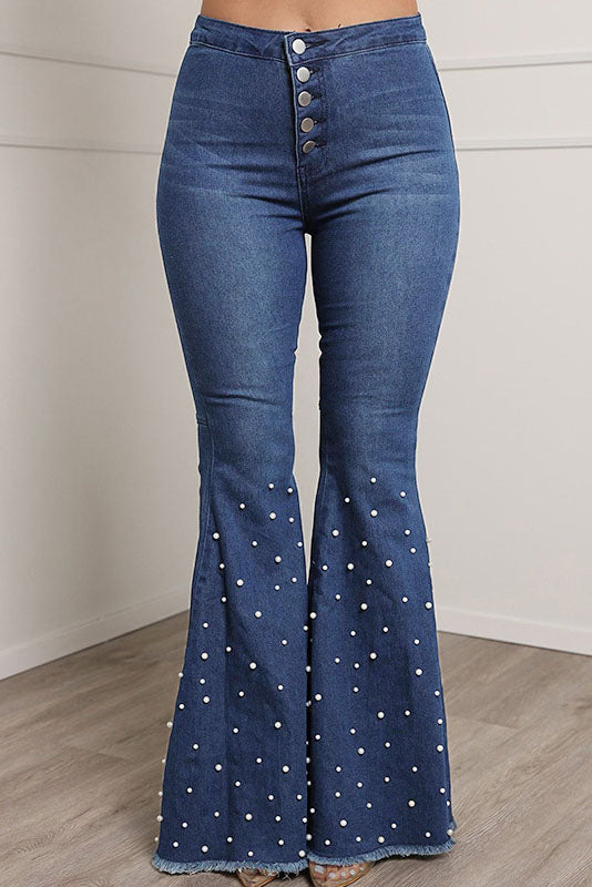 Pearl Decor Buttons Denim Flare Leg Jeans