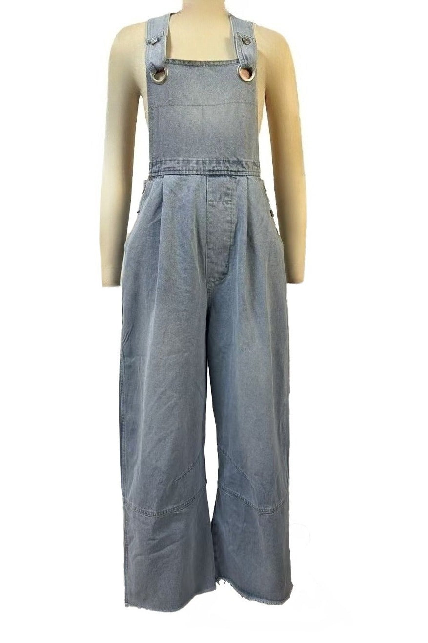 Pleated Wide Leg Denim Overalls