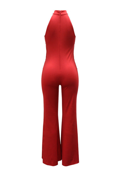 Halter Rhinestone Chain Cutout Flared Jumpsuit