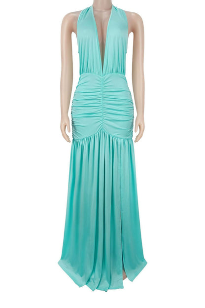Plunging Halter Ruched High Slit Maxi Dress