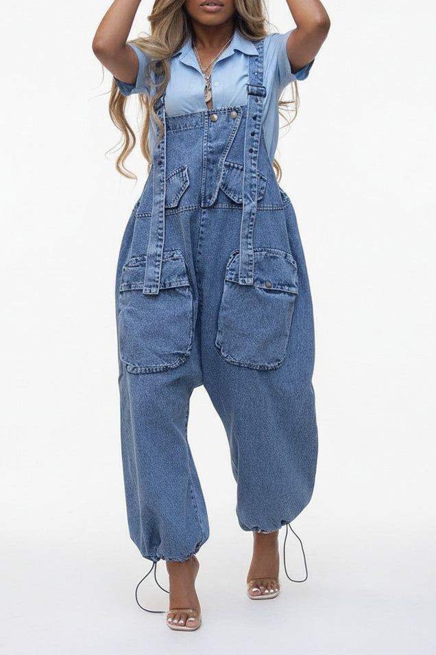 Denim Drawstring Wide Leg Overall Jumpsuit