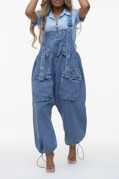 Denim Drawstring Wide Leg Overall Jumpsuit