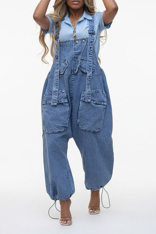 Denim Drawstring Wide Leg Overall Jumpsuit