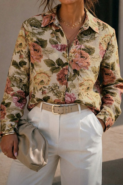 Floral Jacquard Zip-Front Collared Jacket