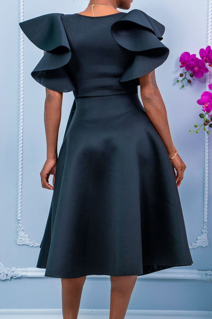 Elegant Ruffle Sleeve Belted Midi Dress