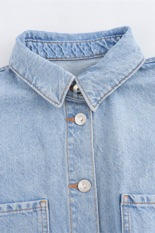 Denim Short Sleeve Romper with Pockets