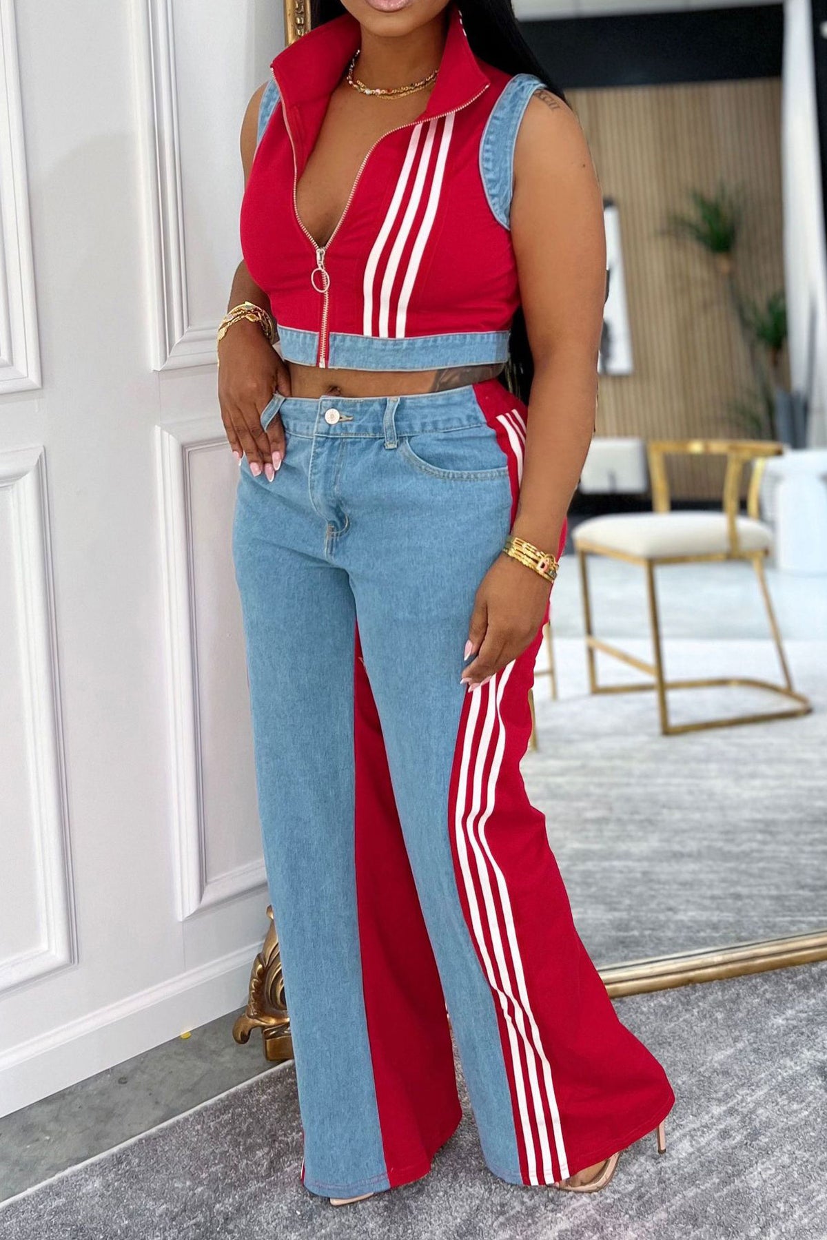 Sporty Striped Denim Crop Vest & Jeans Set