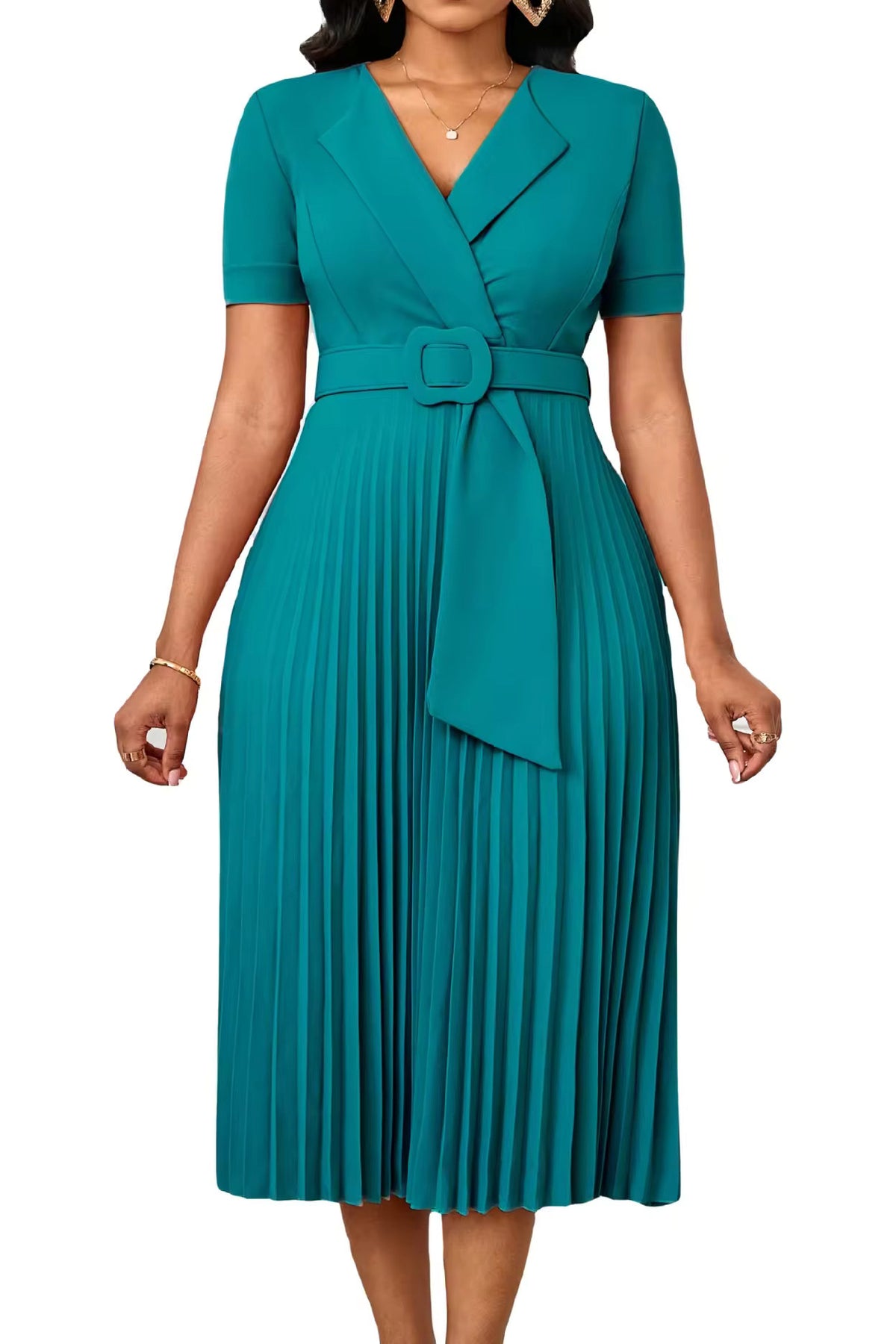 Pleated A-Line Blazer Midi Dress with Belt