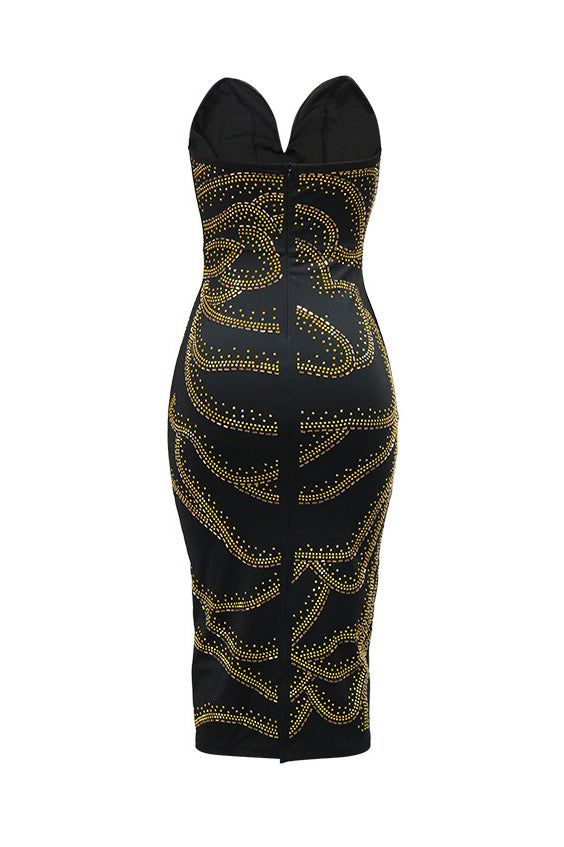 Strapless Rhinestone Bodycon Midi Dress