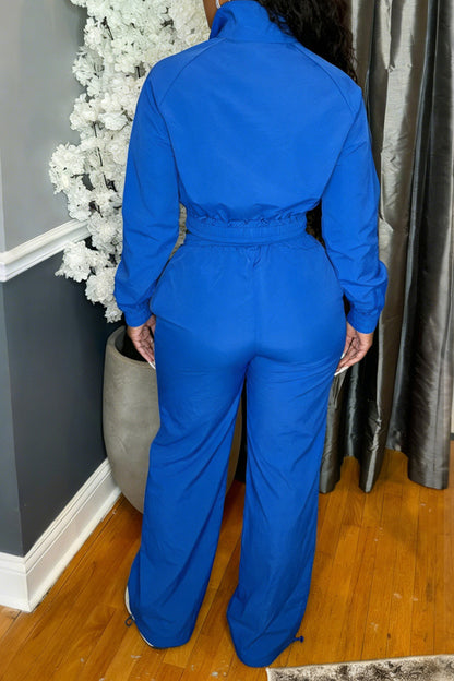 Zip-Front Piped Top & Wide-Leg Pants Set