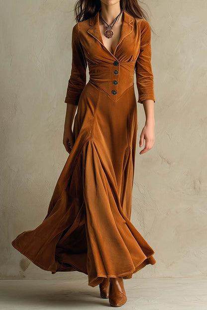 Solid Velvet Lapel Button Maxi Dress