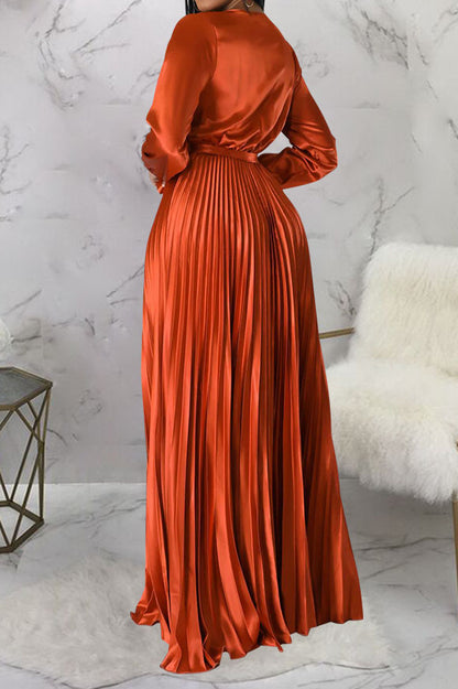 Faux Silk Pleated Tie-Waist Maxi Dress