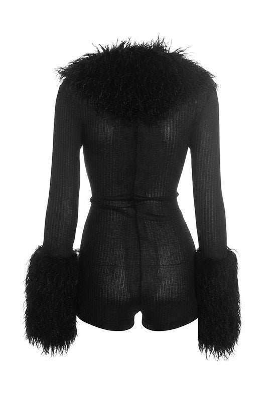 Plush-Trim Zip-Front Long-Sleeve Romper