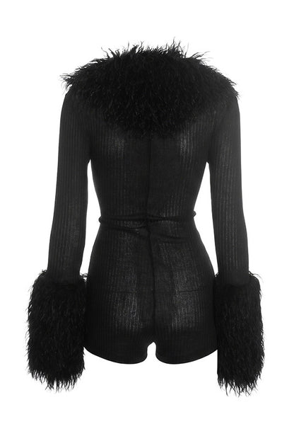 Plush-Trim Zip-Front Long-Sleeve Romper