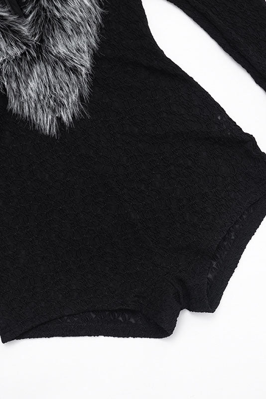 Plush-Trim V-Neck Long-Sleeve Romper