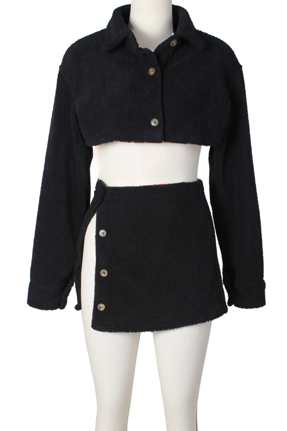 Fleece Long Sleeve Crop Tops Button Split Skirts