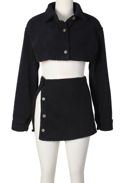 Fleece Long Sleeve Crop Tops Button Split Skirts