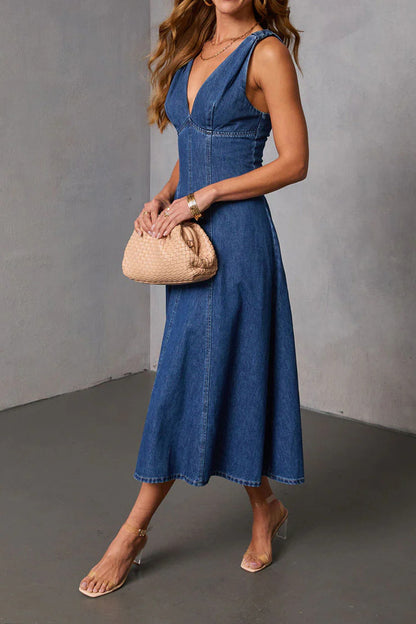 Plunge V-Neck Corset Denim Midi Dress