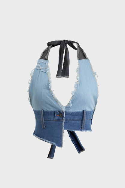 Frayed Tie Halter Denim Vest