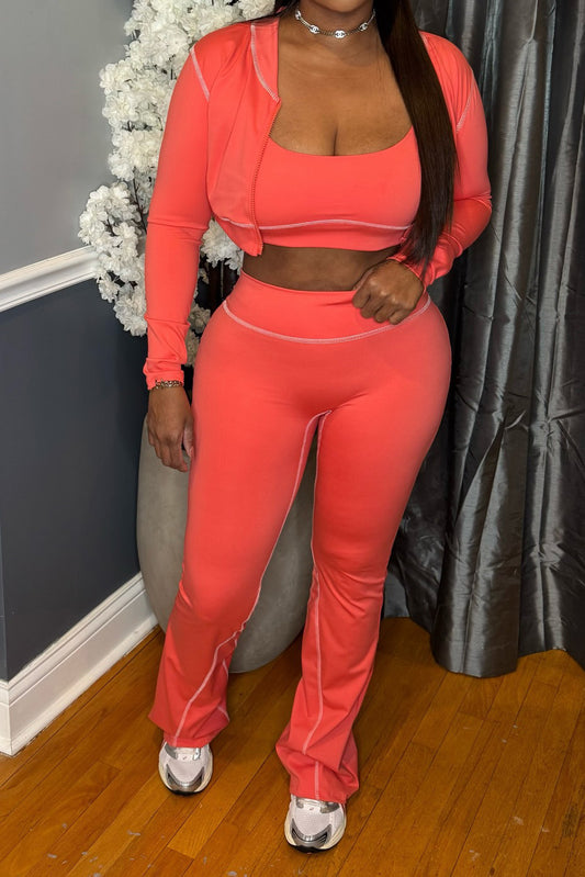 Contrast-Stitch Three-Piece Flare Pants Set