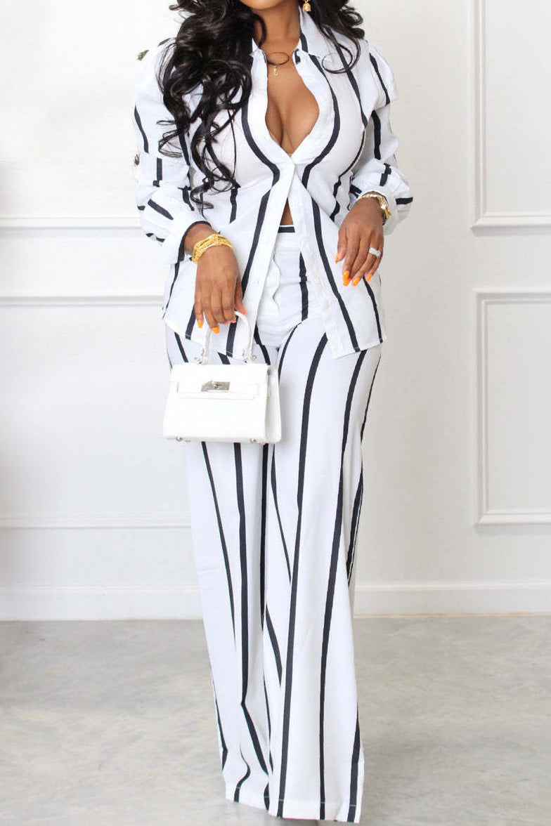 Long Sleeve Loose Printed Striped Shirt Set