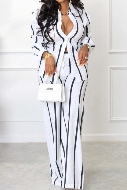 Long Sleeve Loose Printed Striped Shirt Set