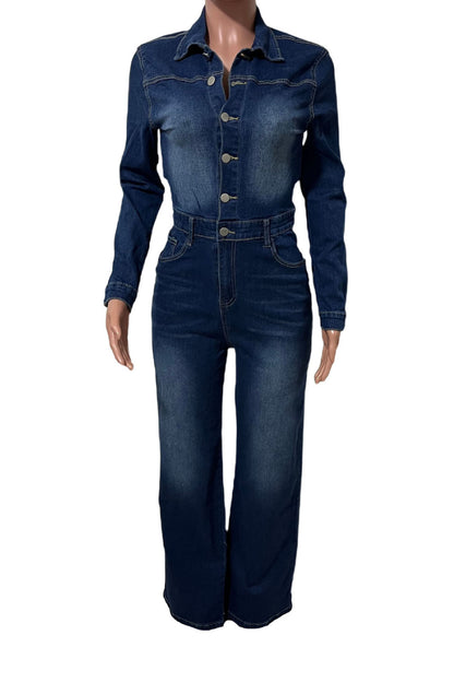 Stretch Flare Long Sleeve Denim Jumpsuit