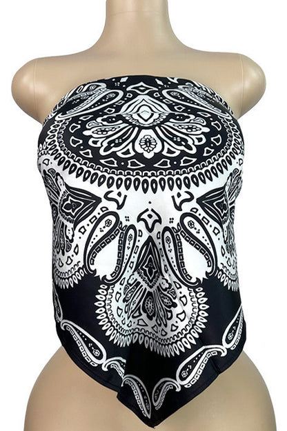 Printed Strapless Scarf Top with Tie Back