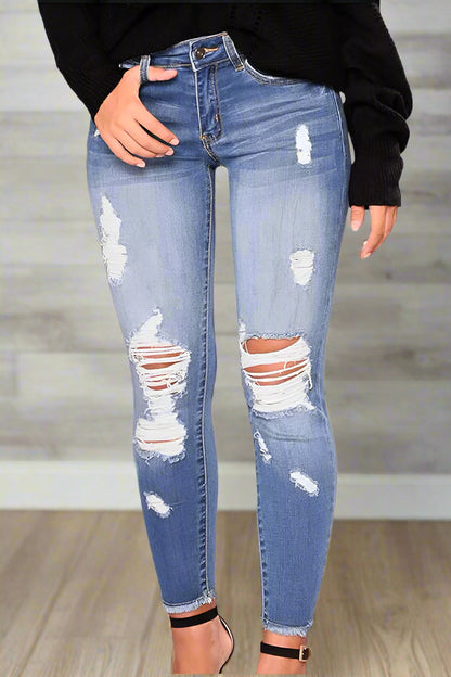 High Waist Stretch Ripped Jeans - Skinny Fit