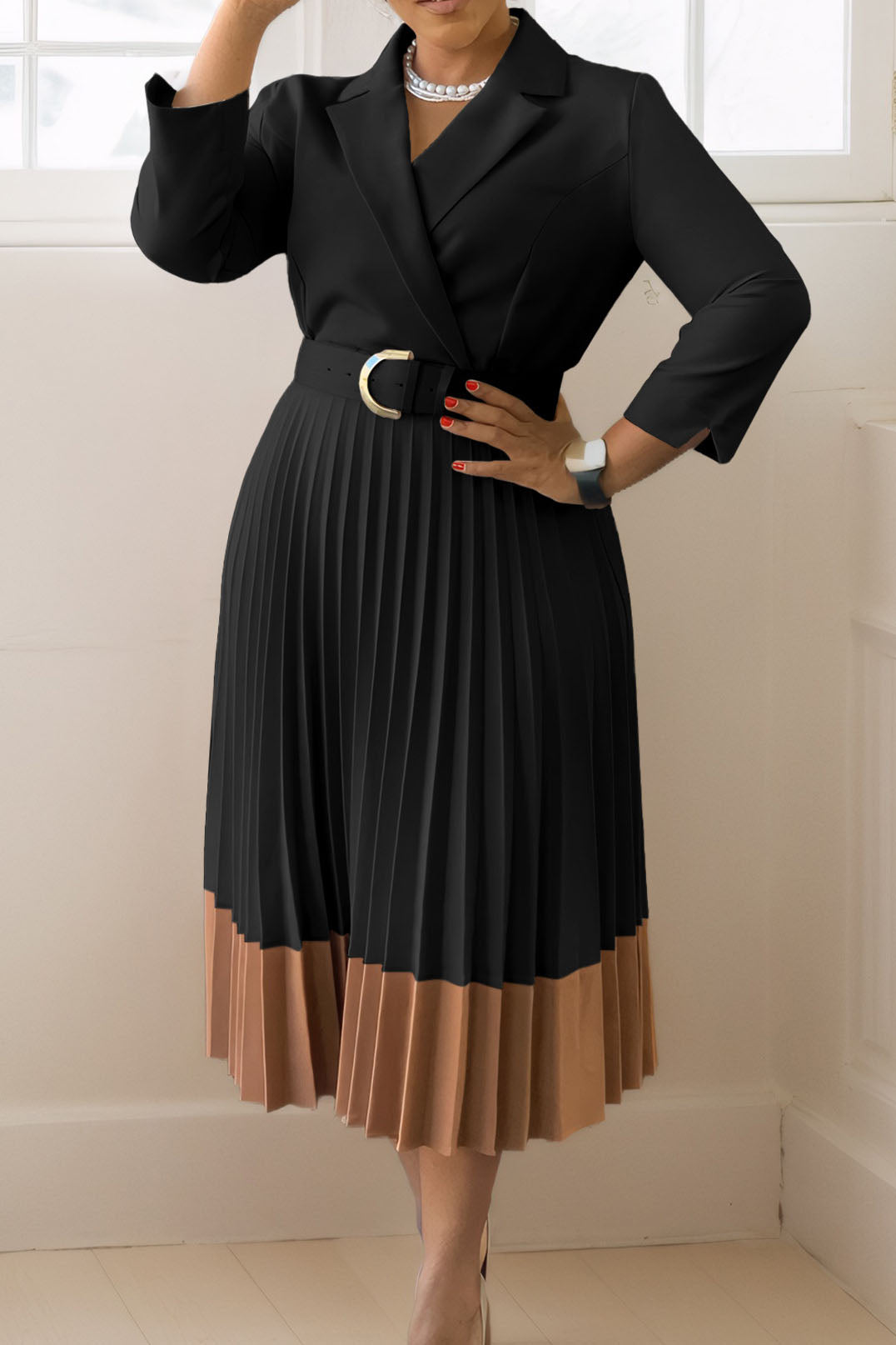 Two-Tone Belted Pleated Dress