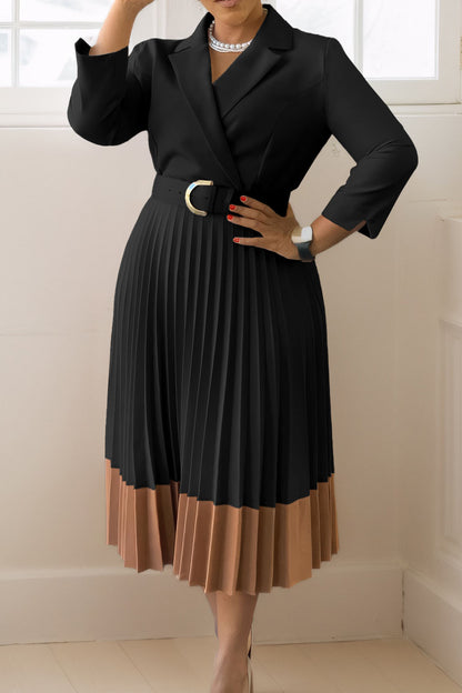 Two-Tone Belted Pleated Dress