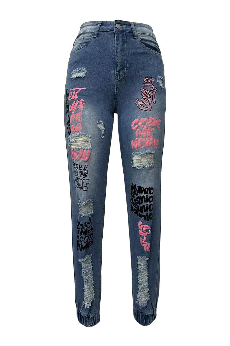 Letter Print Ripped Jeans